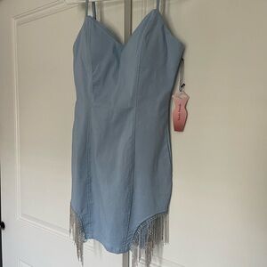 Denim blue rhinestone bodycon dress mini Nashville fringe